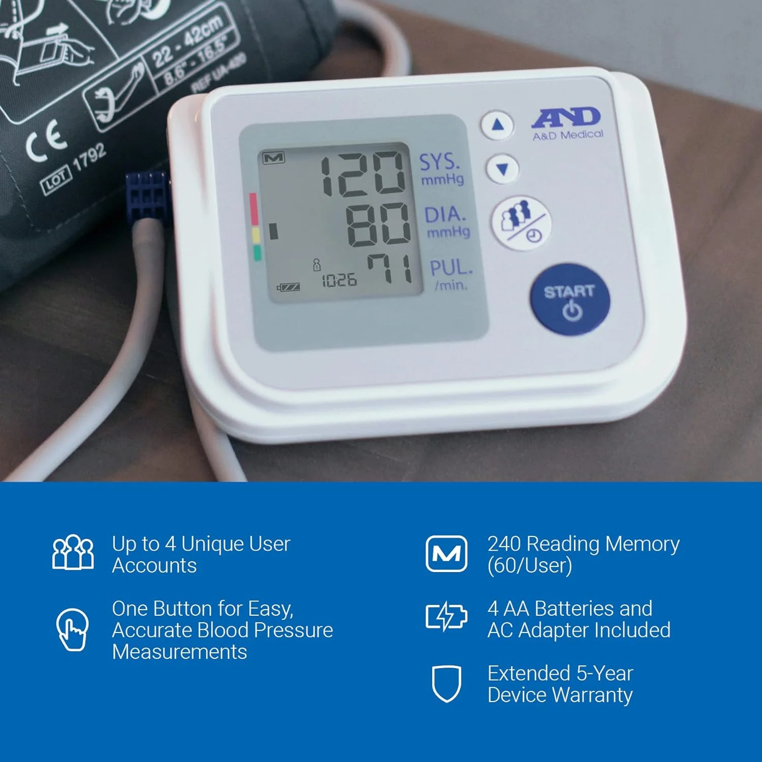 A&D Medical Premium Multi-User Blood Pressure Monitor, Wide Range Blood Pressure Cuff (22 - 42 cm / 8.6 - 16.5”) Home BP Monitor with AC Adapter - Image 2